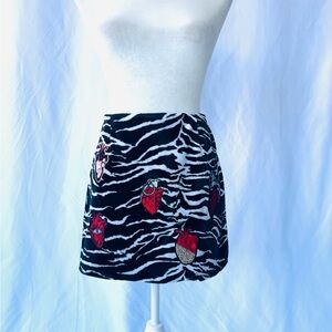 Vintage 90s Zebra Print Mini Skirt – Repurposed with Anatomical Heart Patches